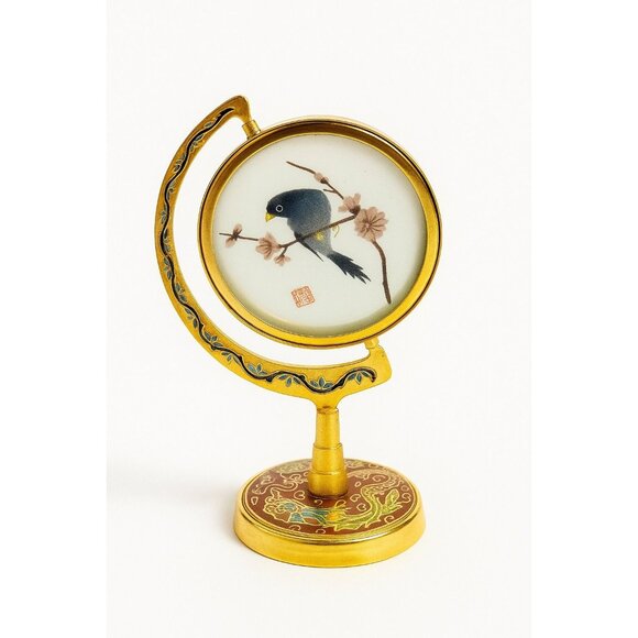 Silk Art Embroidered Bird Globe within Enamed Cloisonne Burgandy Red Brass Swive - Picture 1 of 16